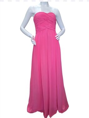 🏷️ NWT  - Donna Morgan Strapless Chiffon Hot Pink Ruched Bodice Gown Sz 0